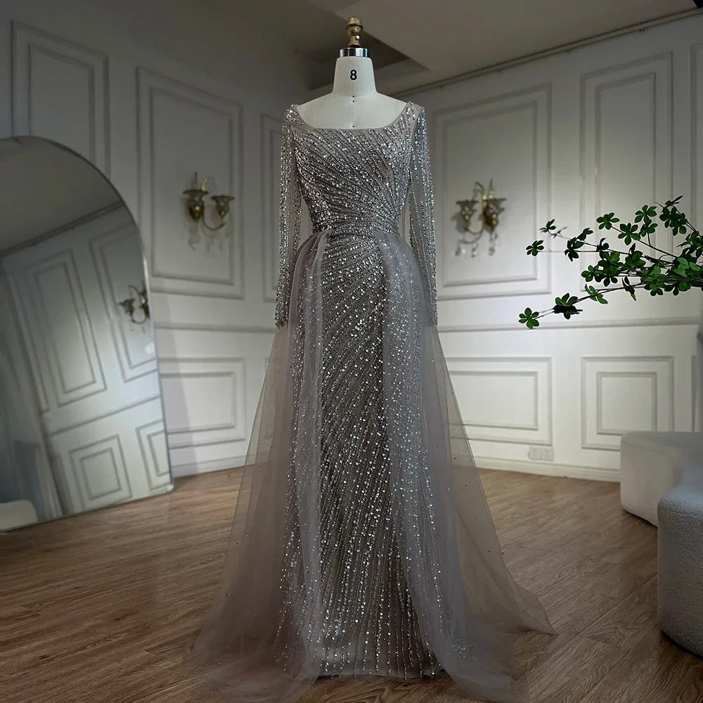 Luxury Gray Beaded Mermaid Evening Dress with Detachable Skirt LA71618L