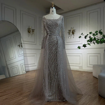 Luxury Gray Beaded Mermaid Evening Dress with Detachable Skirt LA71618L