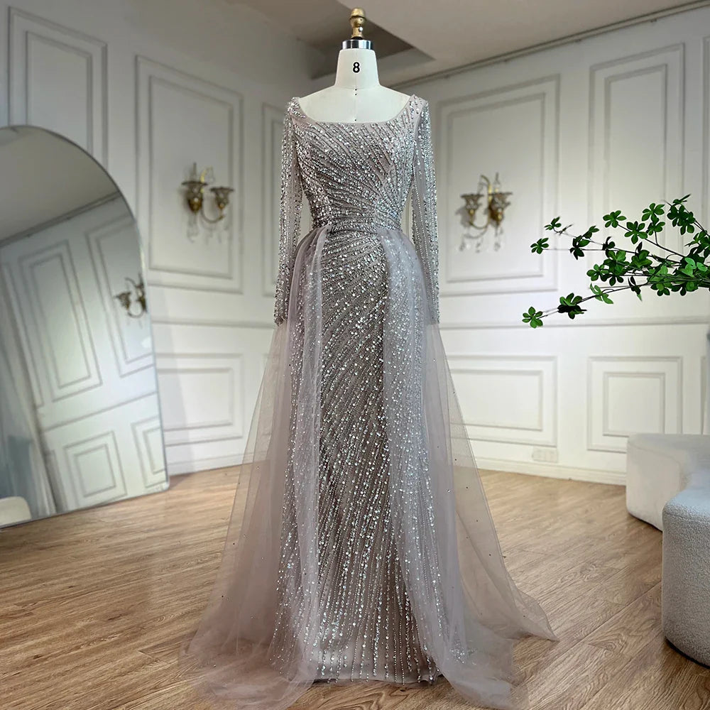 Luxury Gray Beaded Mermaid Evening Dress with Detachable Skirt LA71618L