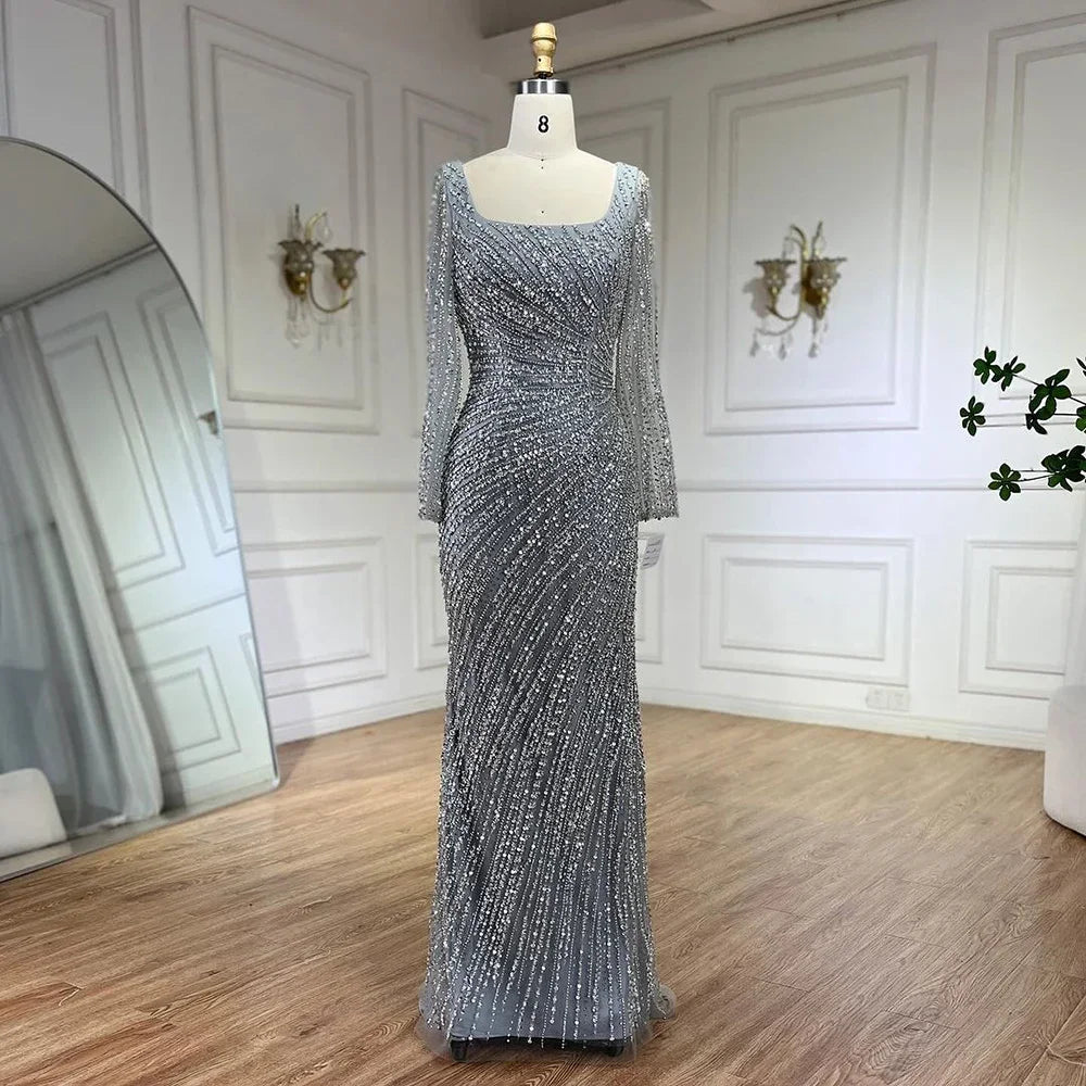 Luxury Gray Beaded Mermaid Evening Dress with Detachable Skirt LA71618L