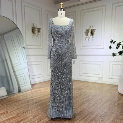 Luxury Gray Beaded Mermaid Evening Dress with Detachable Skirt LA71618L