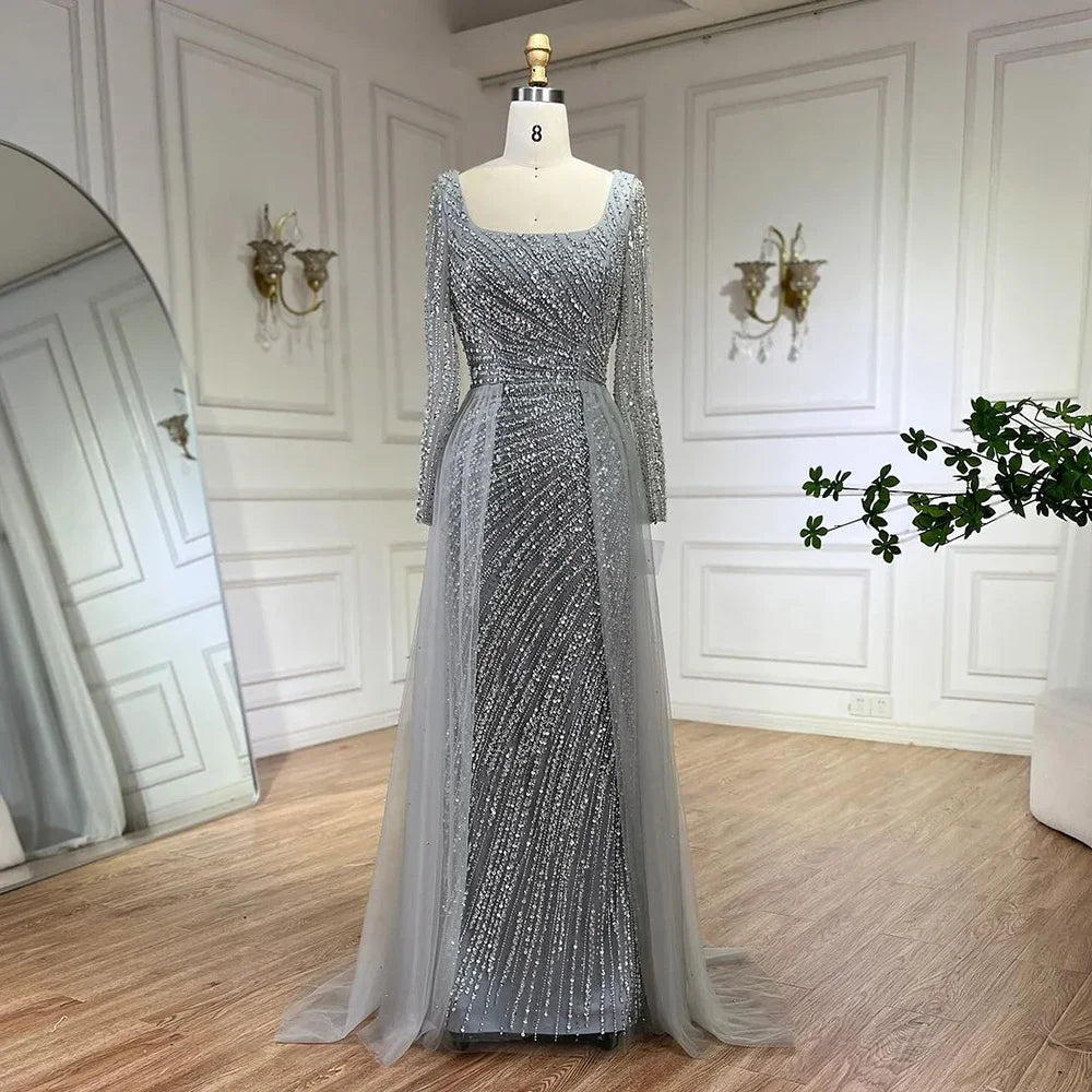 Luxury Gray Beaded Mermaid Evening Dress with Detachable Skirt LA71618L