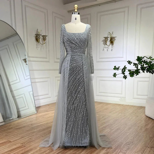 Luxury Gray Beaded Mermaid Evening Dress with Detachable Skirt LA71618L