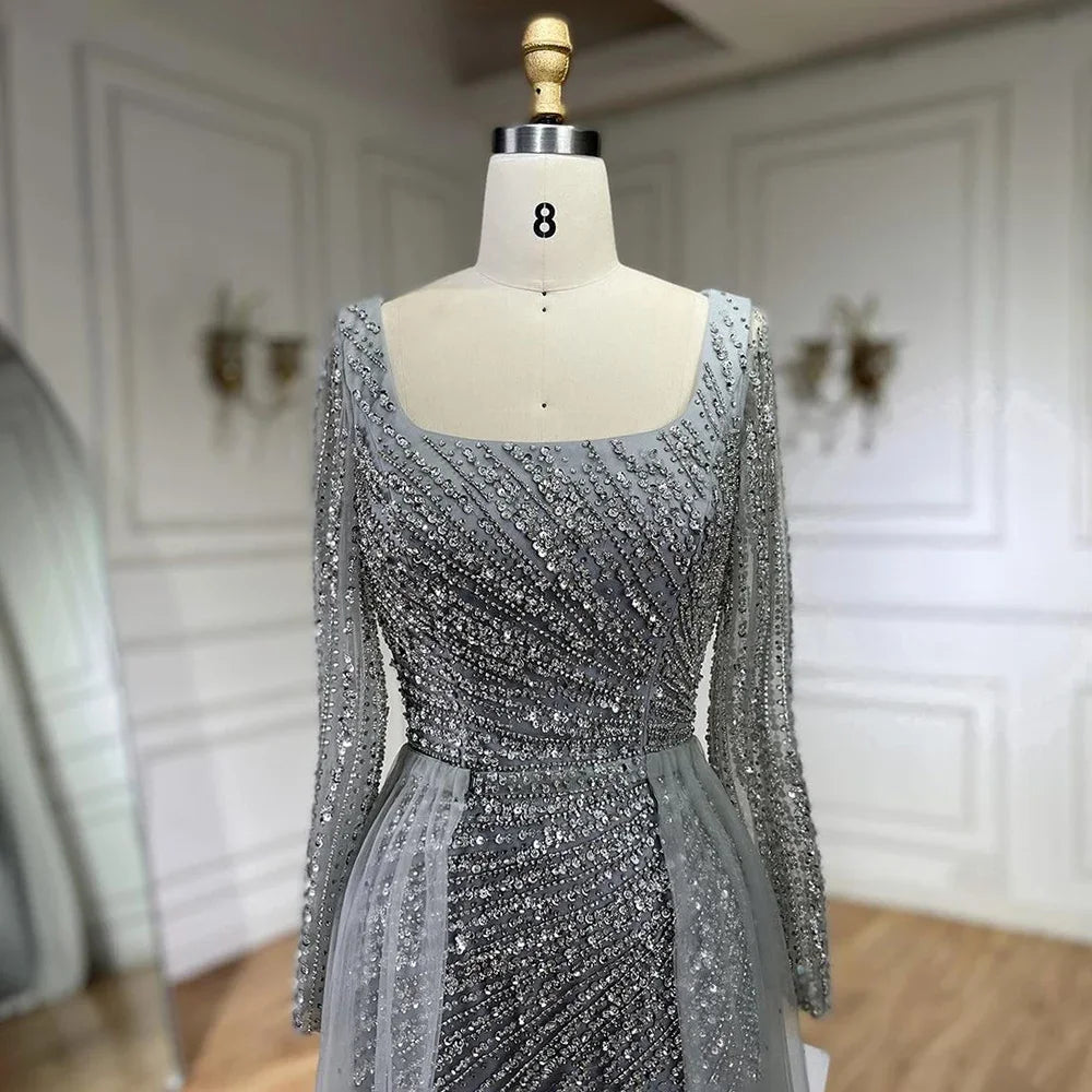 Luxury Gray Beaded Mermaid Evening Dress with Detachable Skirt LA71618L