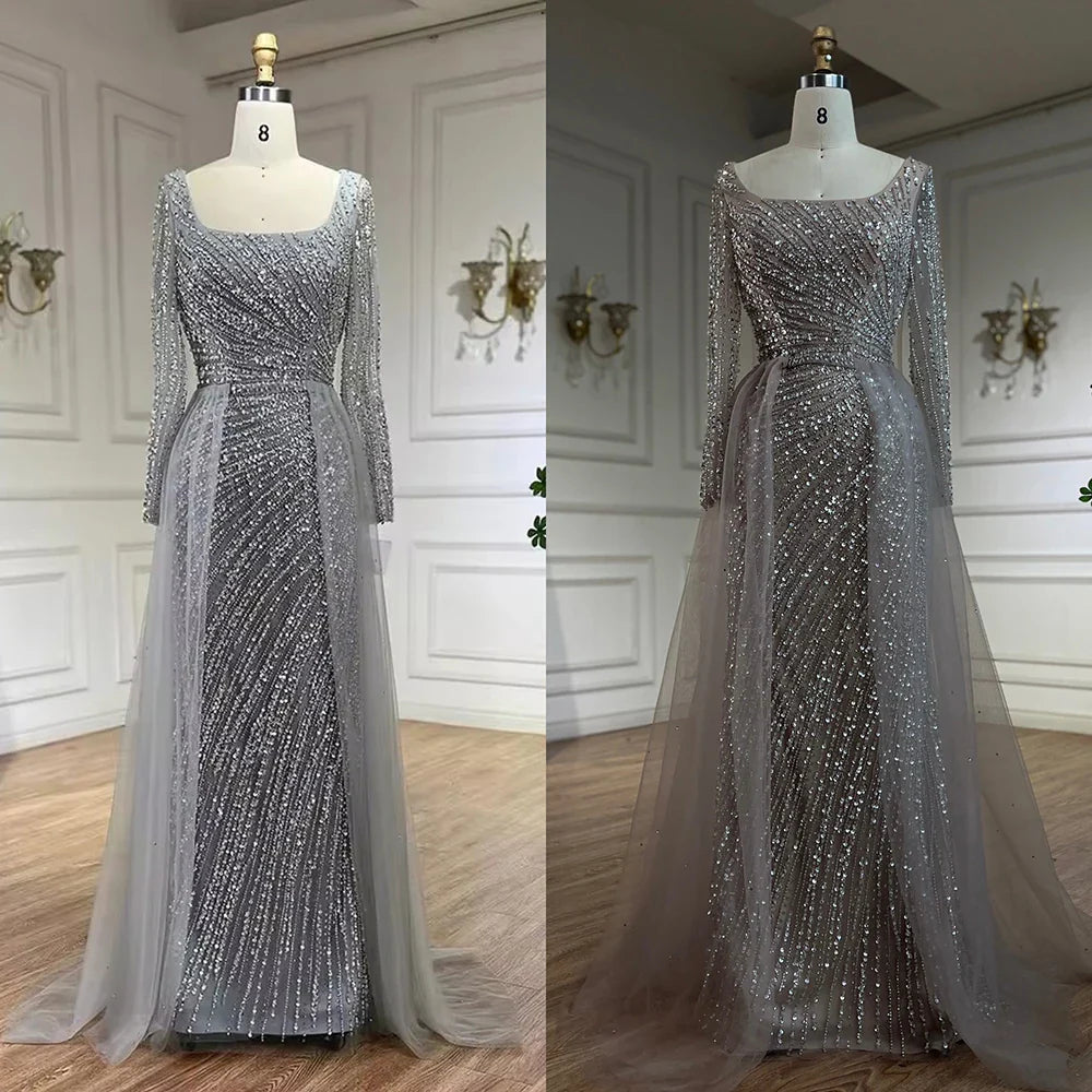 Luxury Gray Beaded Mermaid Evening Dress with Detachable Skirt LA71618L