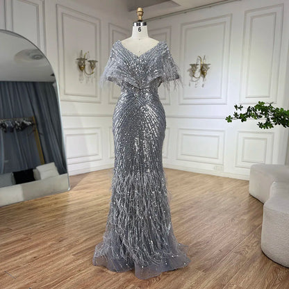 Luxury Arabic Red Mermaid Evening Dress with Feathers Beaded LA71323A