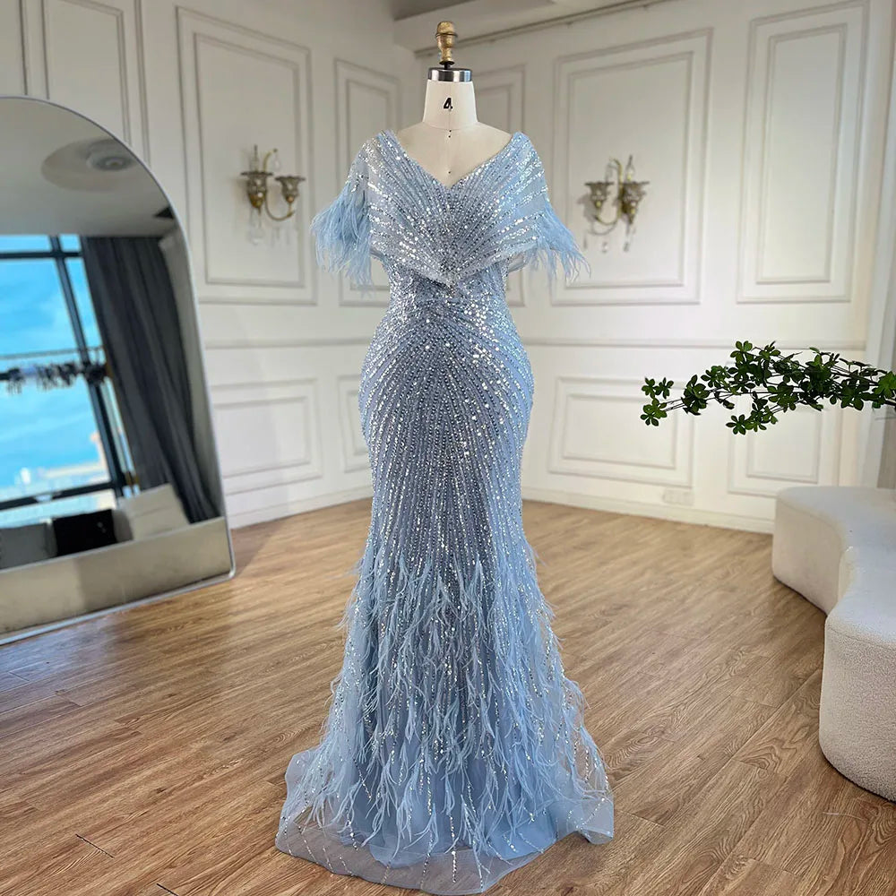 Luxury Arabic Red Mermaid Evening Dress with Feathers Beaded LA71323A