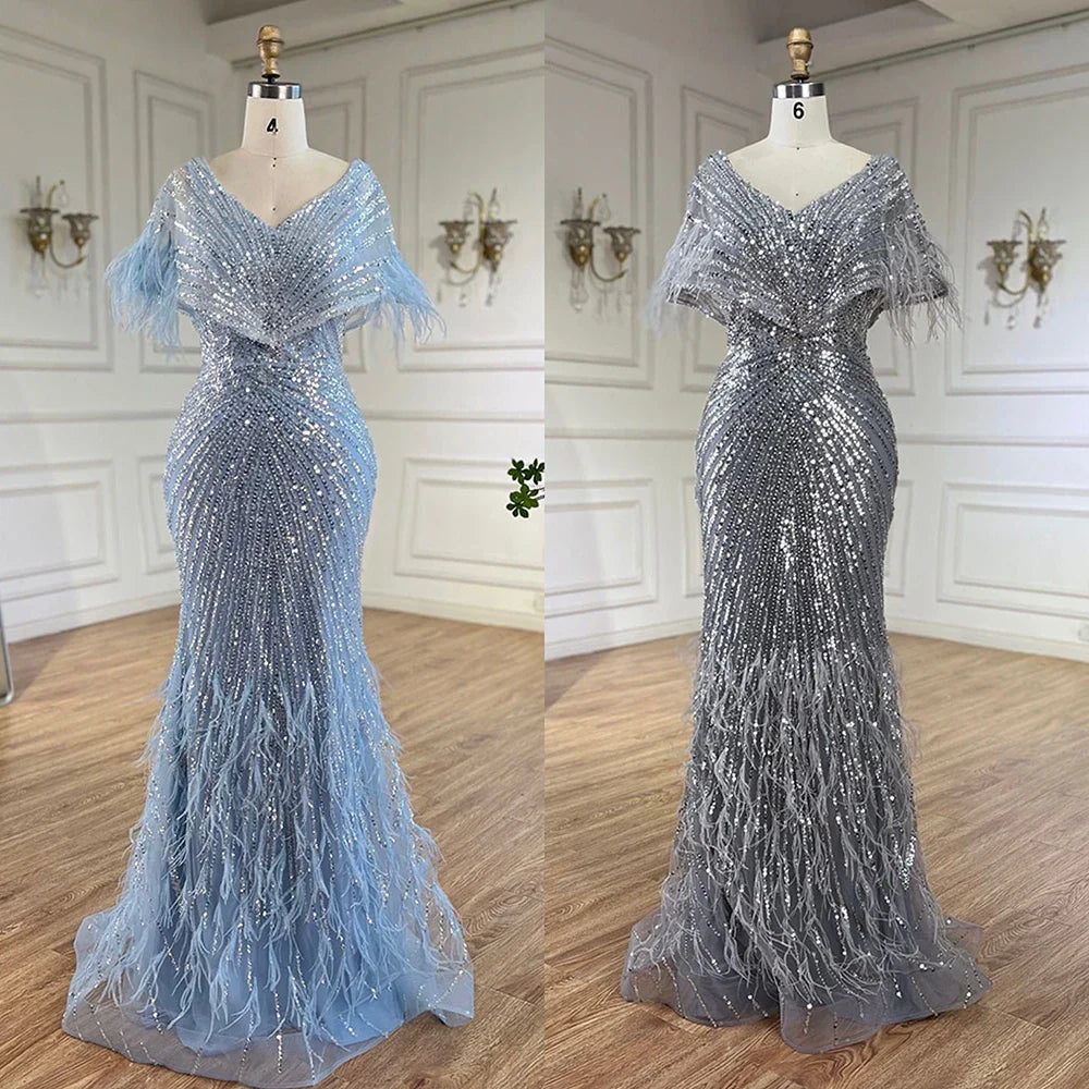 Luxury Arabic Red Mermaid Evening Dress with Feathers Beaded LA71323A
