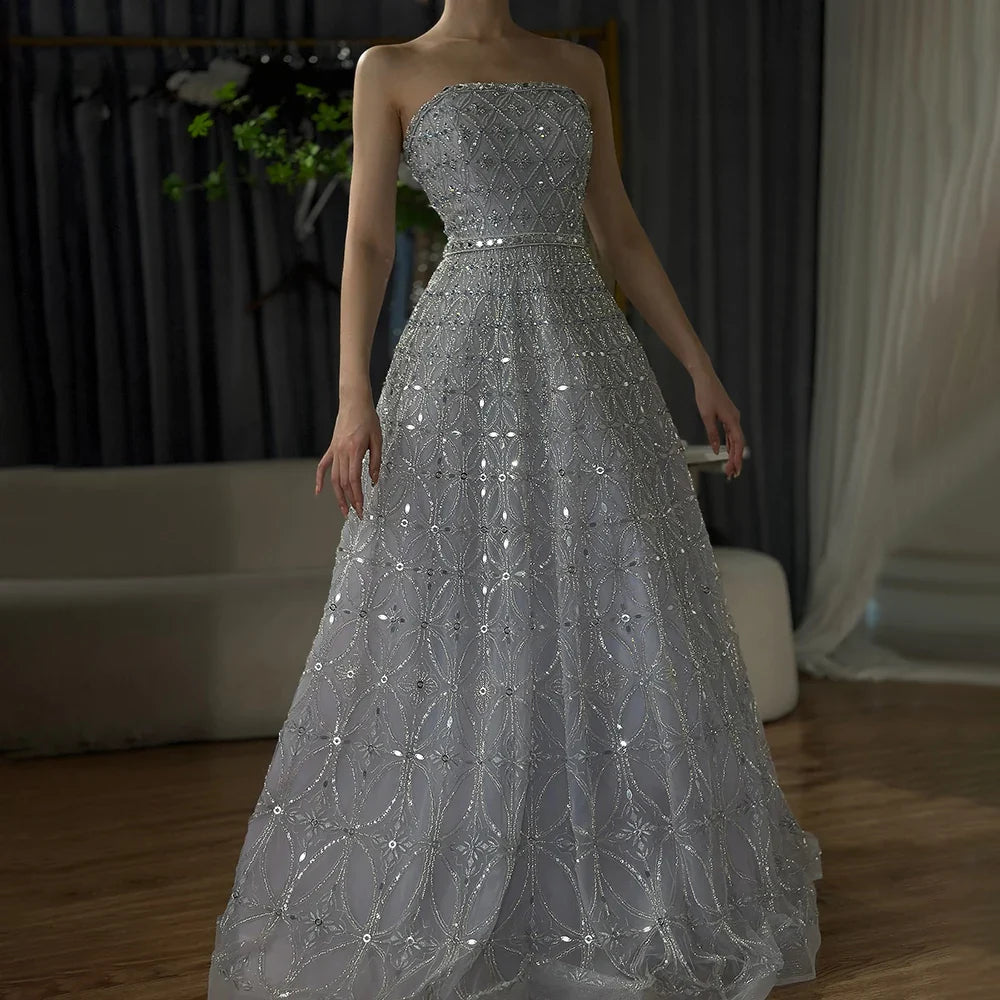 Luxury Dubai  Arabic Gray A Line Elegant Beaded Long Evening Dresses Gowns for Formal Occasion LA72755