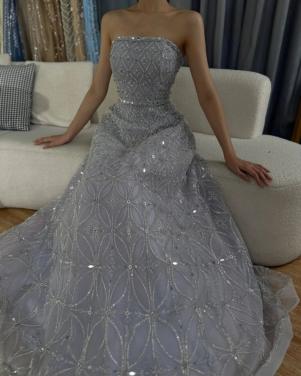 Luxury Dubai  Arabic Gray A Line Elegant Beaded Long Evening Dresses Gowns for Formal Occasion LA72755