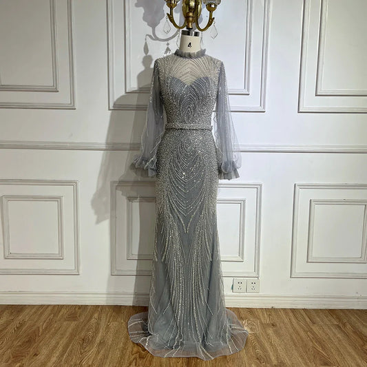 Modest Gray High Neck Mermaid Evening Dress with Long Sleeves LA71690A