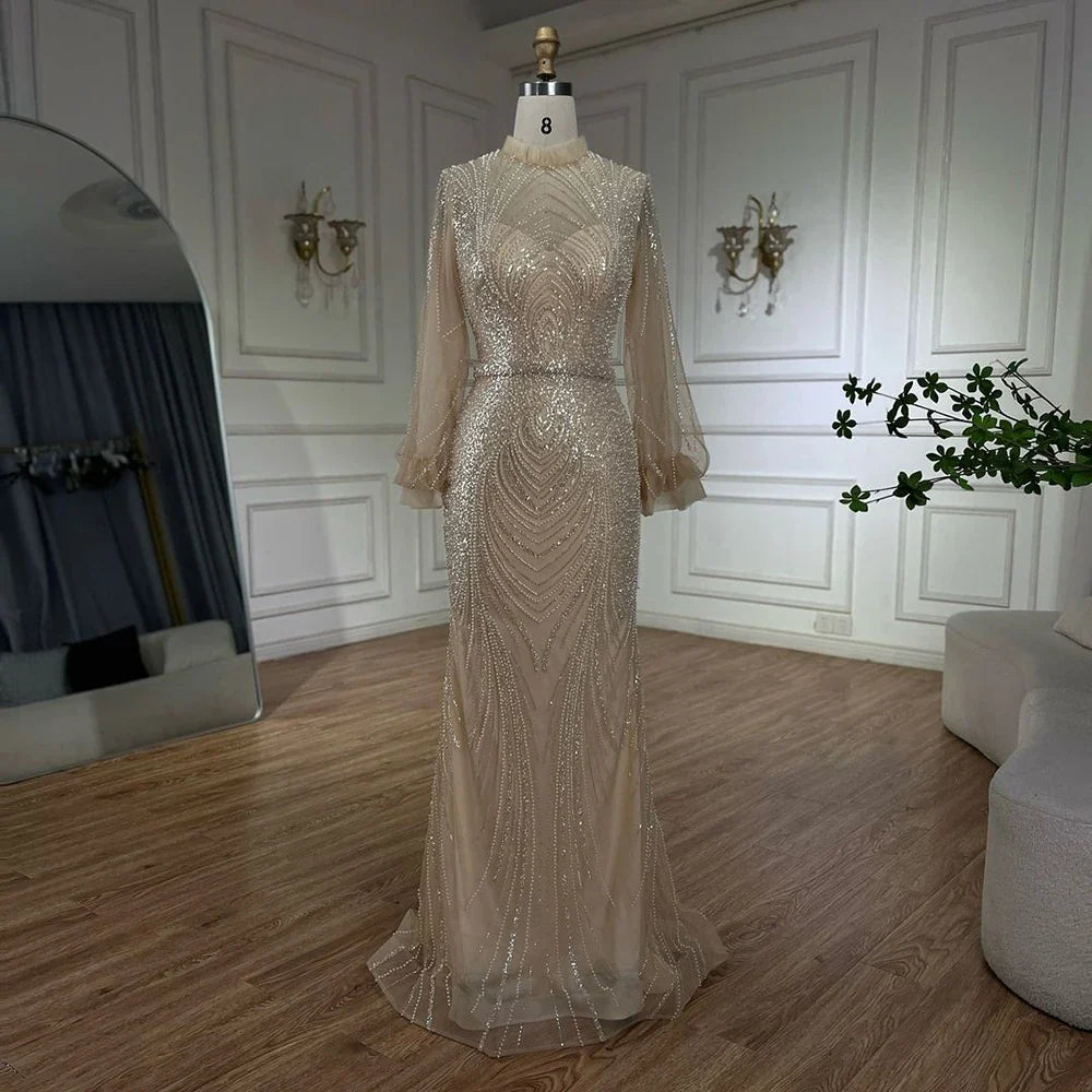 Modest Gray High Neck Mermaid Evening Dress with Long Sleeves LA71690A