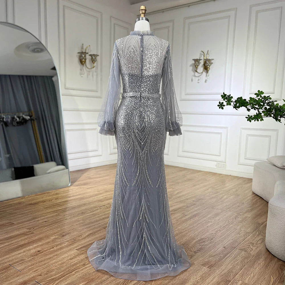 Modest Gray High Neck Mermaid Evening Dress with Long Sleeves LA71690A