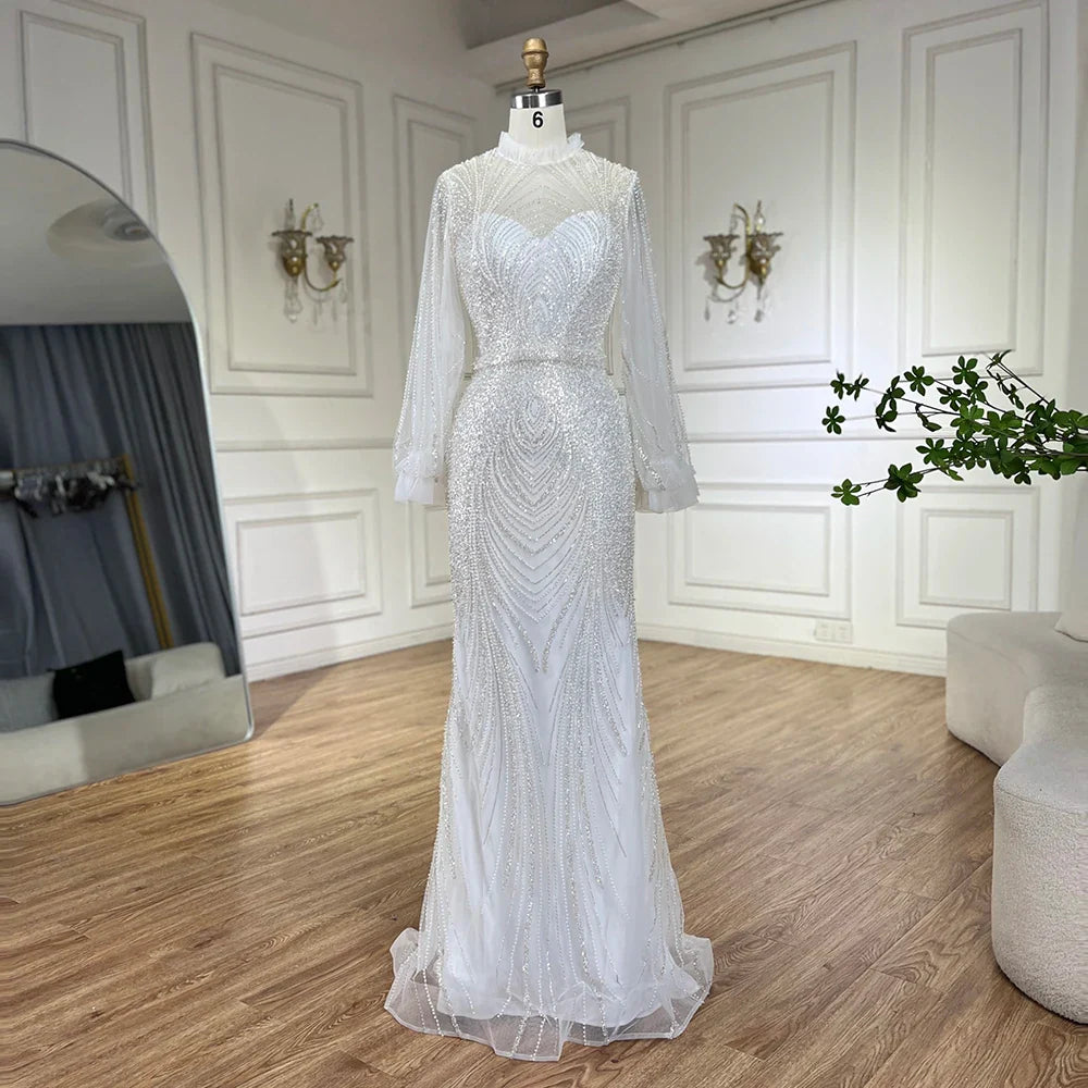 Modest Gray High Neck Mermaid Evening Dress with Long Sleeves LA71690A
