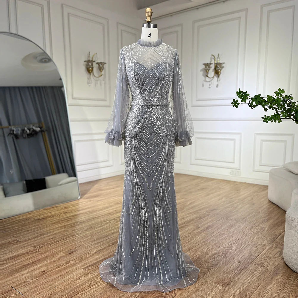 Modest Gray High Neck Mermaid Evening Dress with Long Sleeves LA71690A