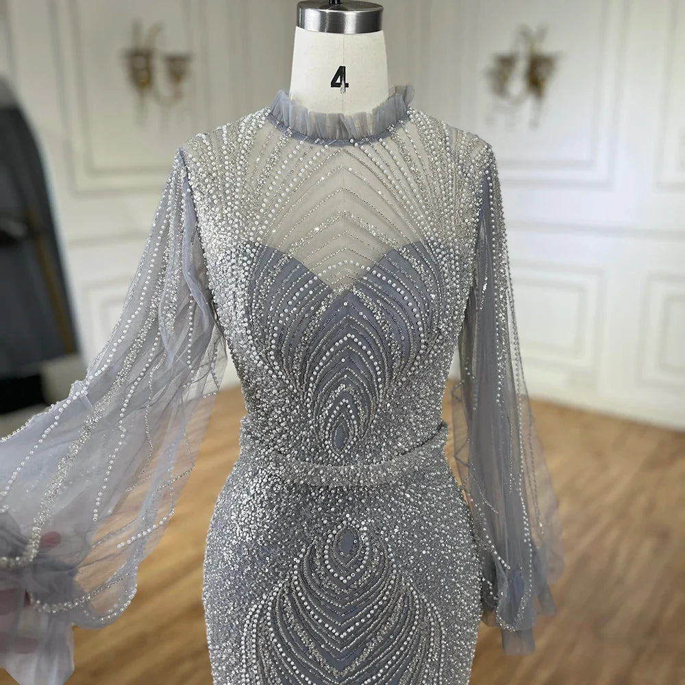 Modest Gray High Neck Mermaid Evening Dress with Long Sleeves LA71690A