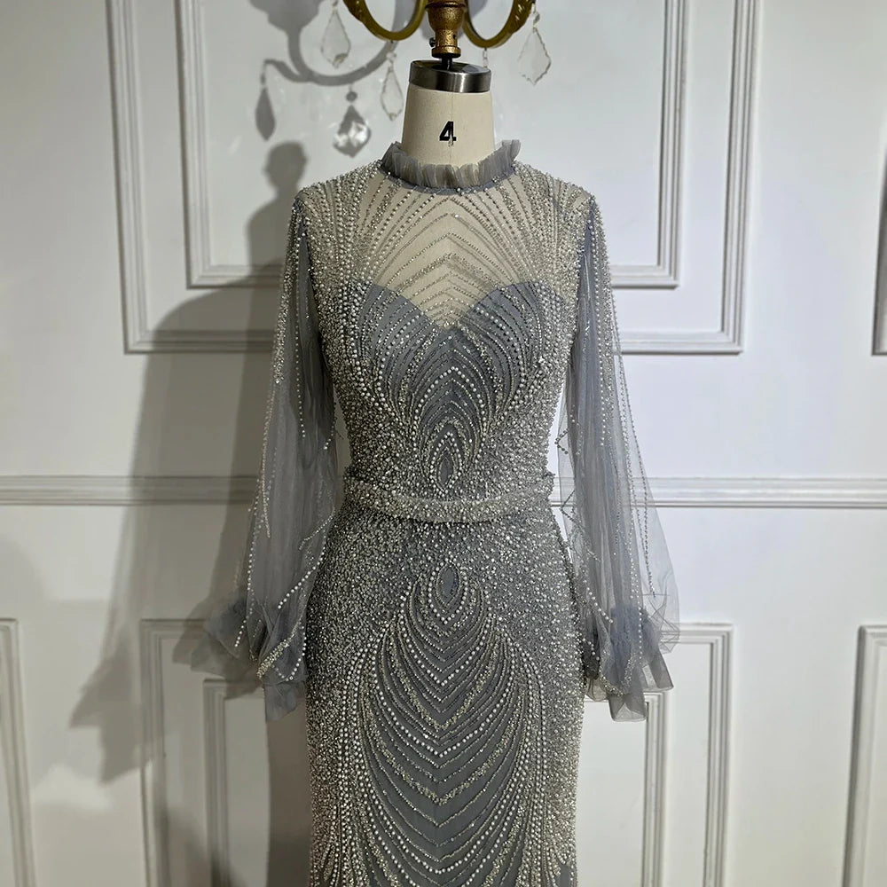 Modest Gray High Neck Mermaid Evening Dress with Long Sleeves LA71690A