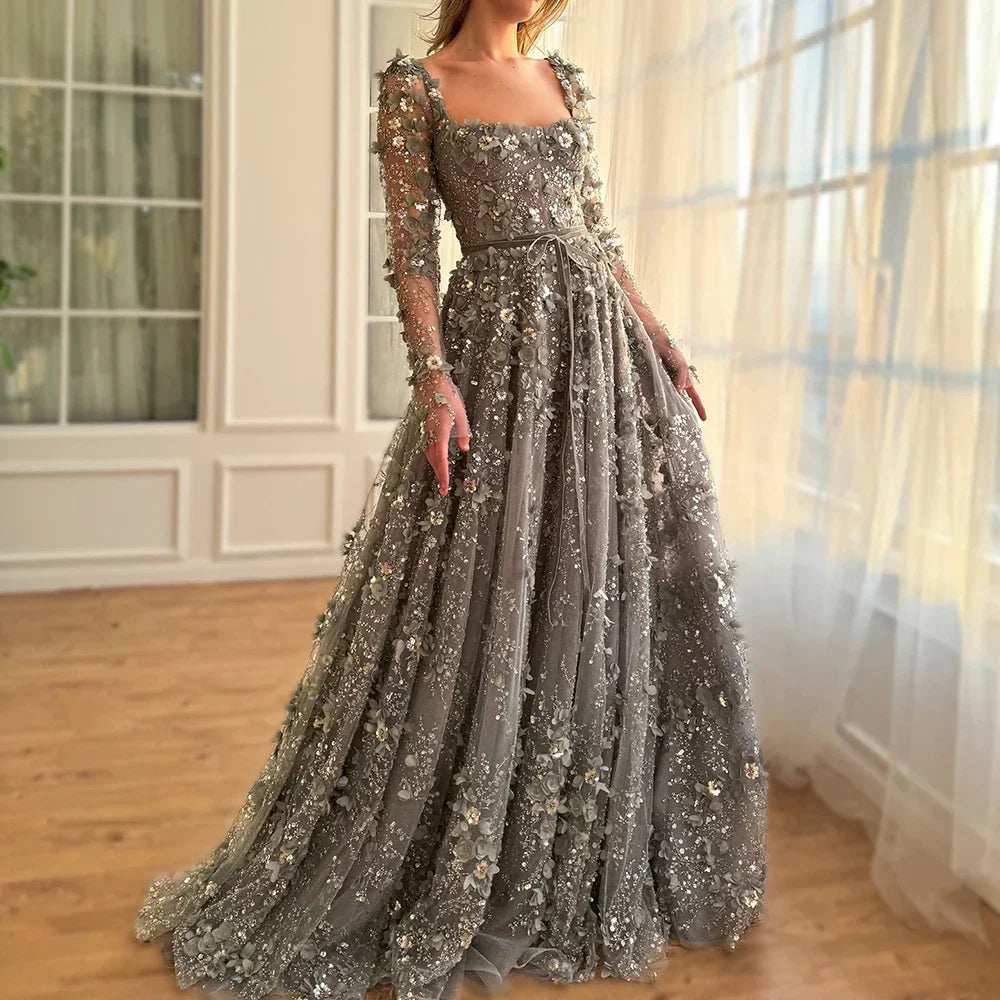 Luxury Arabic Gray A Line Elegant  3D Flower Evening Dress Long Sleeve LA72657