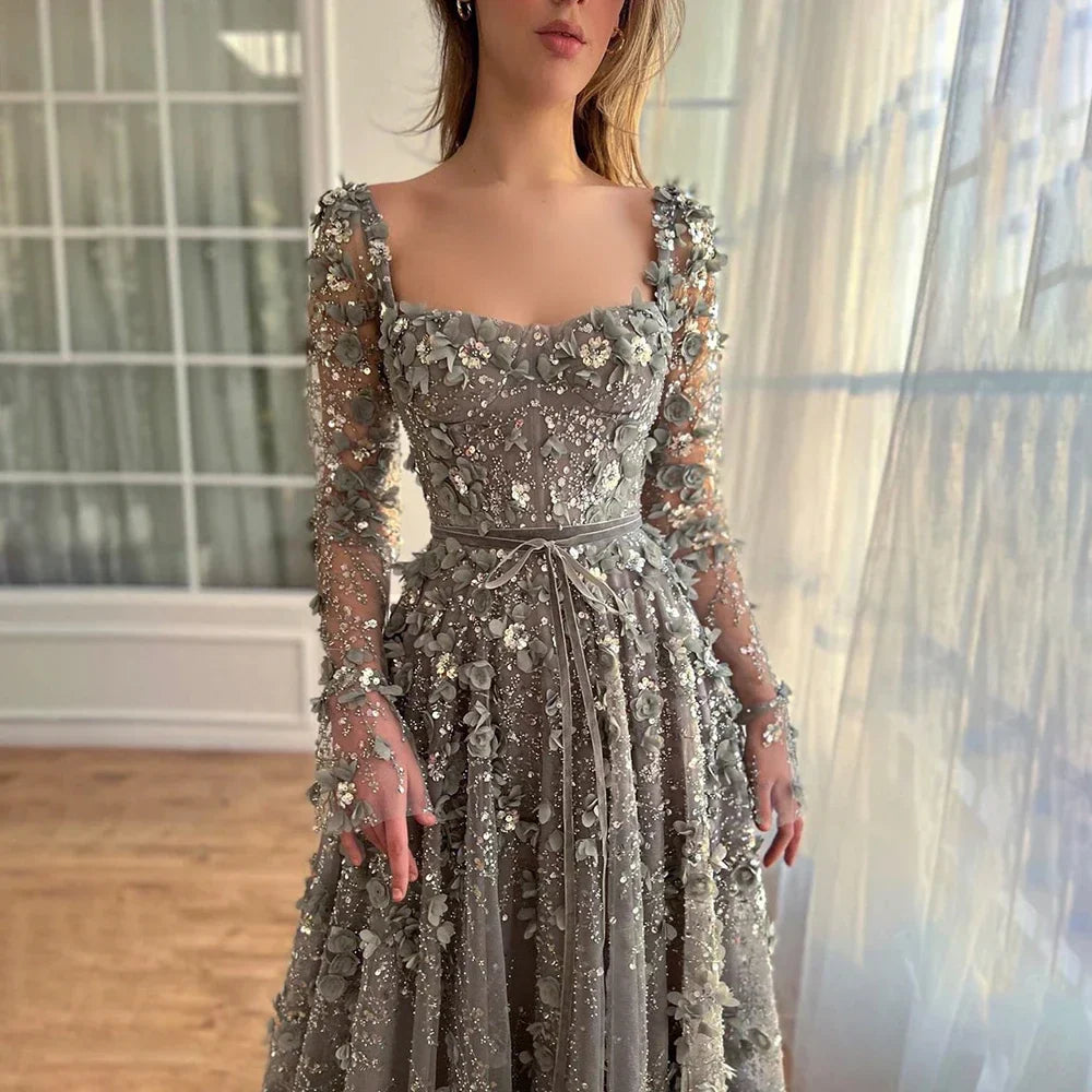 Luxury Arabic Gray A Line Elegant  3D Flower Evening Dress Long Sleeve LA72657