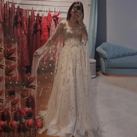 Luxury Nude A-Line Crystal Beaded Arabic Evening Dress LA72764