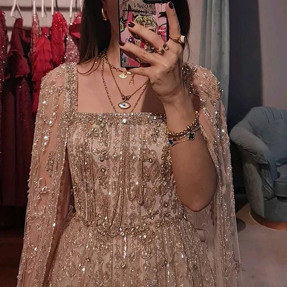 Luxury Nude A-Line Crystal Beaded Arabic Evening Dress LA72764