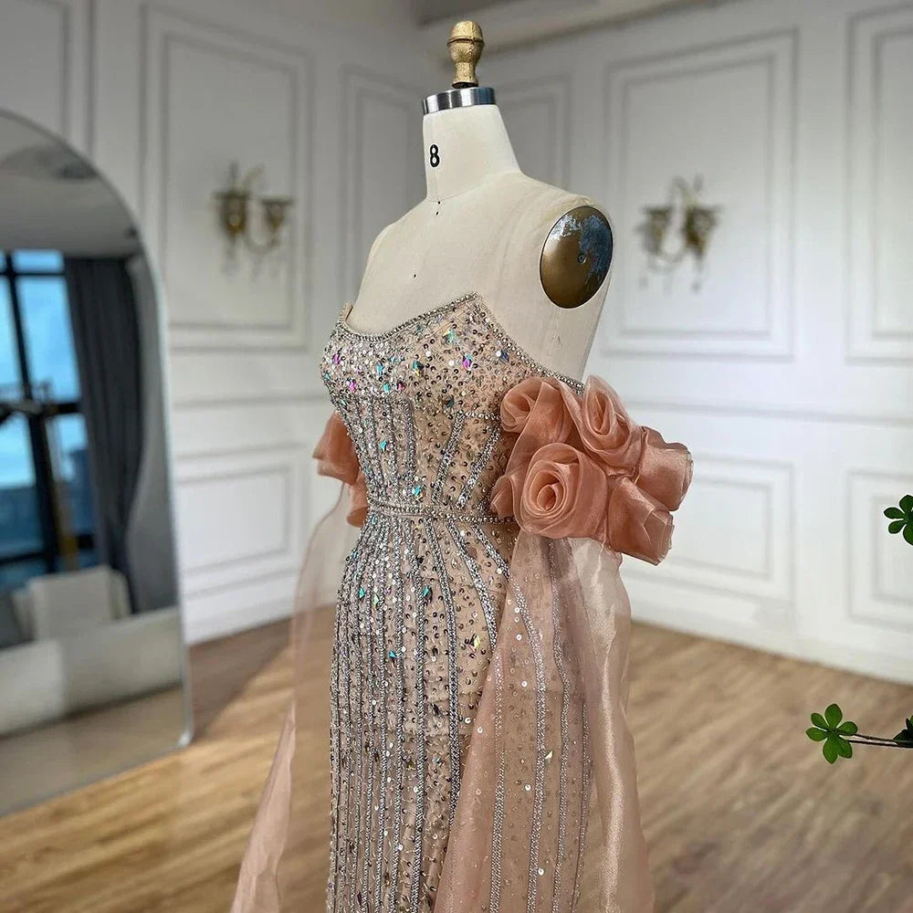 Arabic Pink Beaded Mermaid Evening Dress Puff Sleeves LA72569