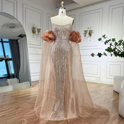 Arabic Pink Beaded Mermaid Evening Dress Puff Sleeves LA72569