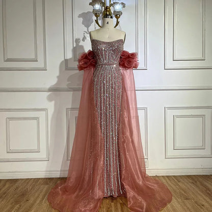 Arabic Pink Beaded Mermaid Evening Dress Puff Sleeves LA72569