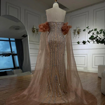 Arabic Pink Beaded Mermaid Evening Dress Puff Sleeves LA72569