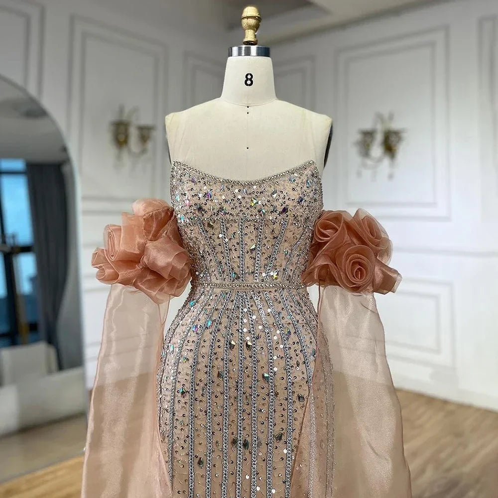 Arabic Pink Beaded Mermaid Evening Dress Puff Sleeves LA72569