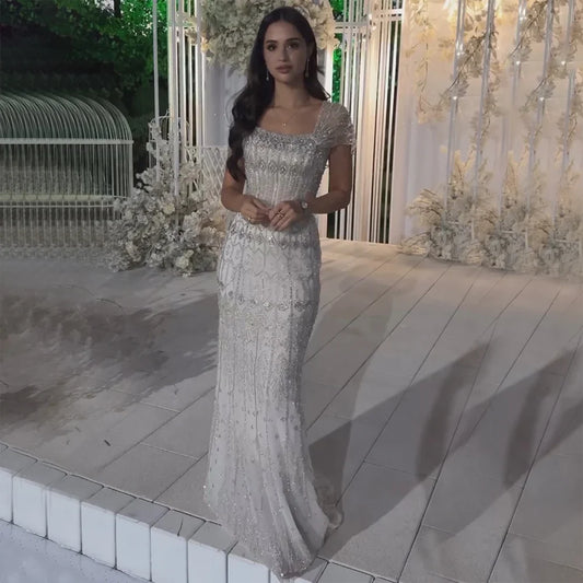 Luxury White Mermaid Square Neck Short Sleeves Evening Dresses LA72714