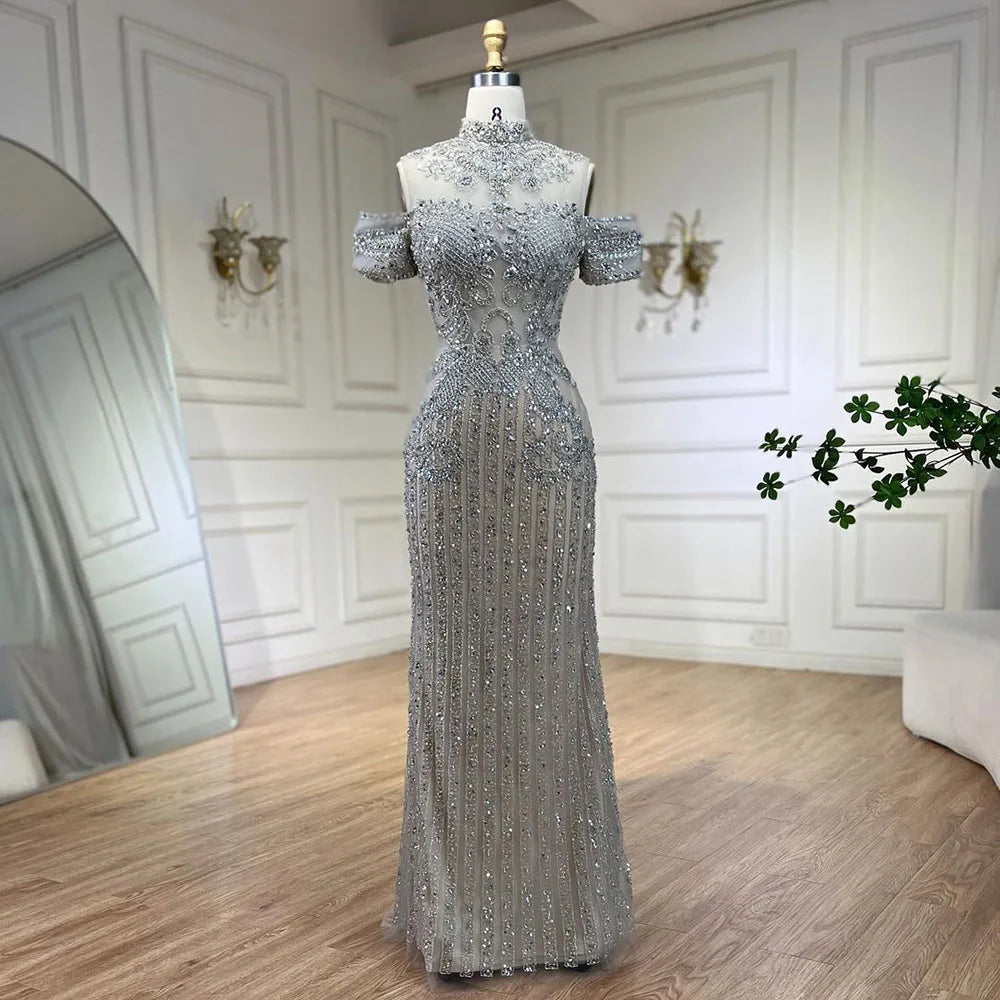 Luxury Silver Nude Crystal Beaded Mermaid Evening Dress LA72411