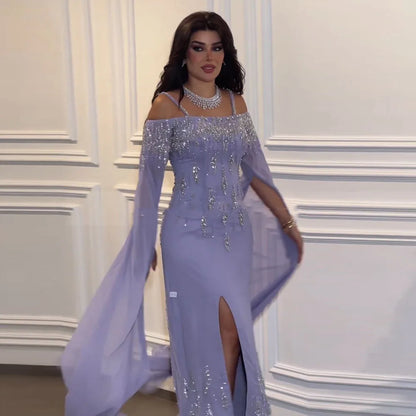 Lilac Mermaid Evening Dress with Cape Sleeves Luxury Wedding Party Gowns LA72407