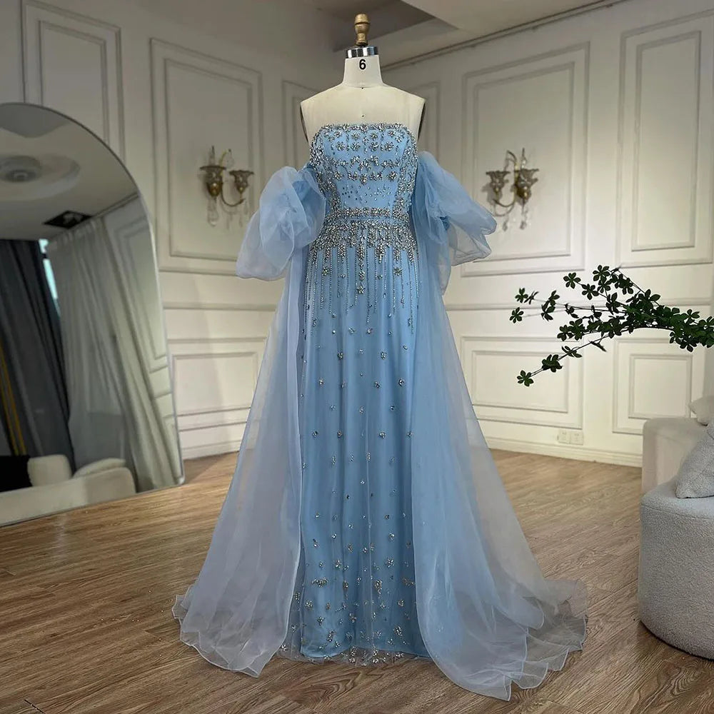 Luxury Arabic Black Crystal Evening Dress With Cape LA72002