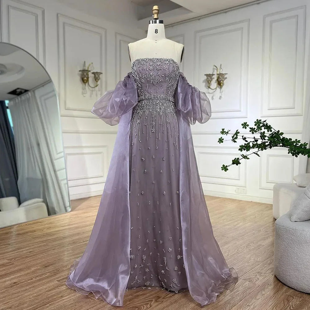 Luxury Arabic Black Crystal Evening Dress With Cape LA72002