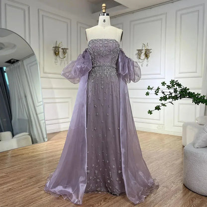 Luxury Arabic Black Crystal Evening Dress With Cape LA72002