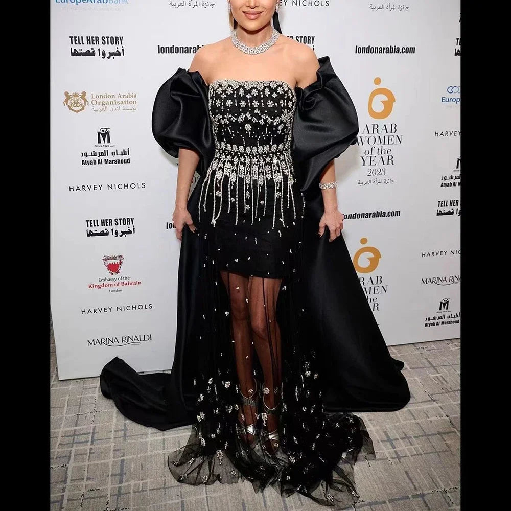 Luxury Arabic Black Crystal Evening Dress With Cape LA72002