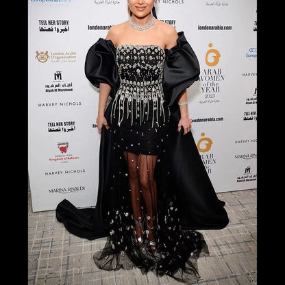 Luxury Arabic Black Crystal Evening Dress With Cape LA72002