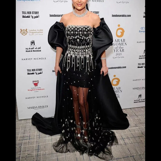 Luxury Arabic Black Crystal Evening Dress With Cape LA72002