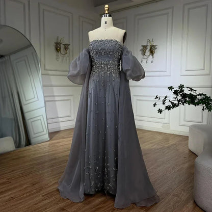 Luxury Arabic Black Crystal Evening Dress With Cape LA72002