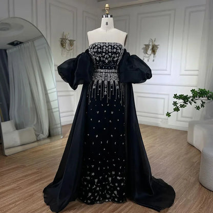 Luxury Arabic Black Crystal Evening Dress With Cape LA72002