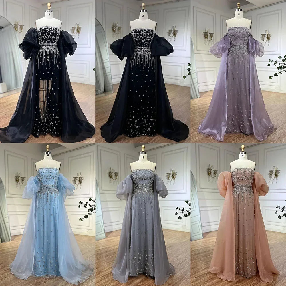 Luxury Arabic Black Crystal Evening Dress With Cape LA72002