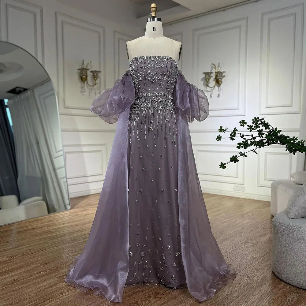 Luxury Arabic Black Crystal Evening Dress With Cape LA72002