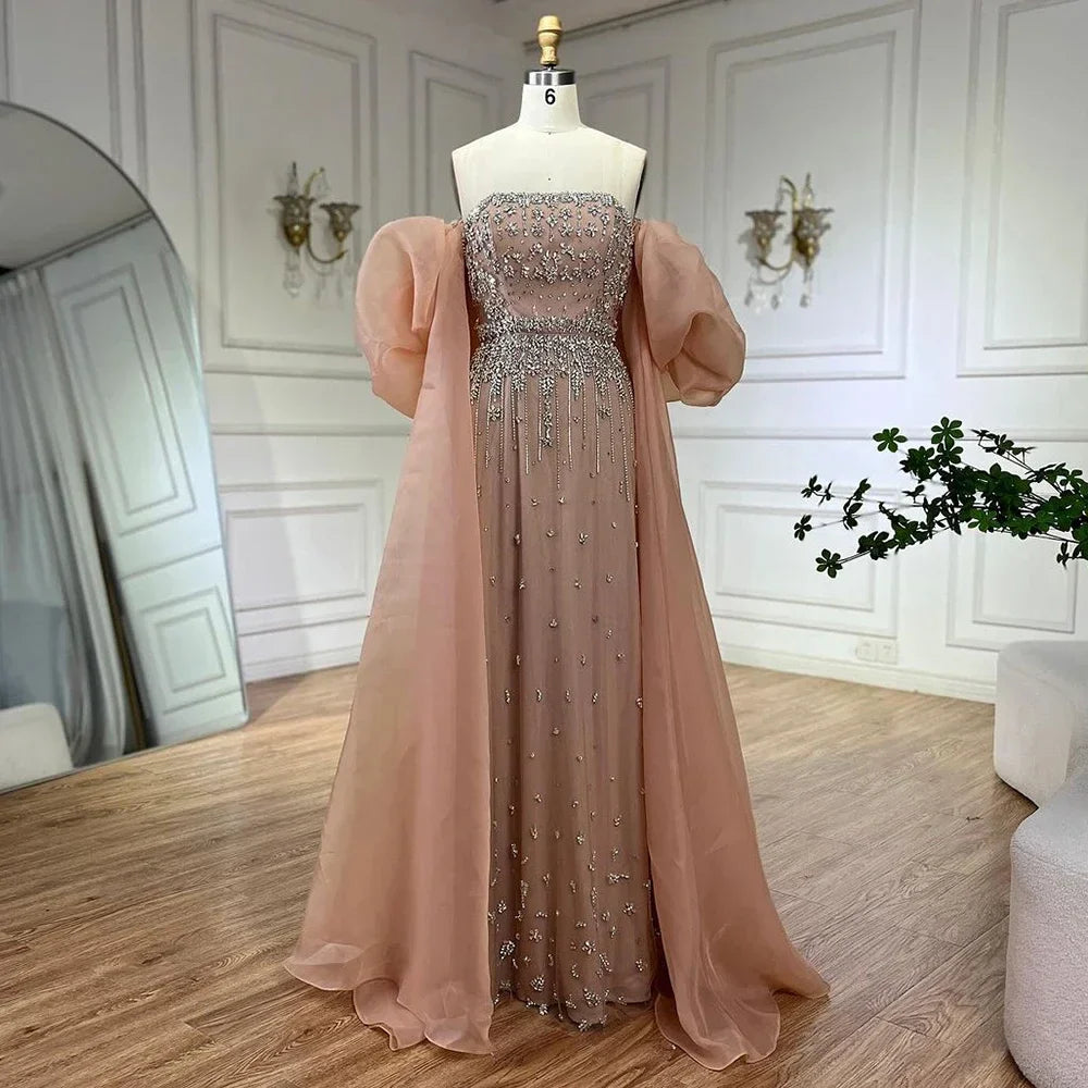 Luxury Arabic Black Crystal Evening Dress With Cape LA72002
