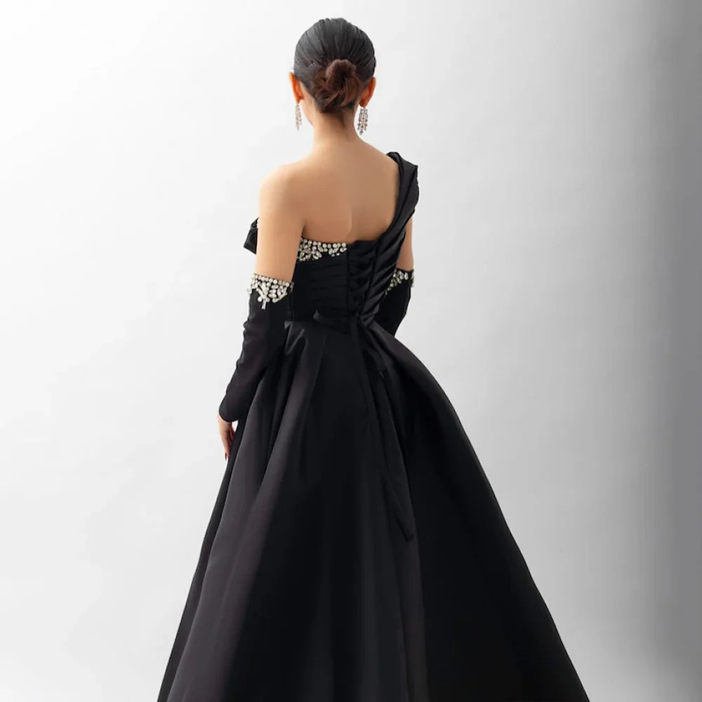 Luxury Black Satin One Shoulder Beaded A-Line Evening Dress LA72741