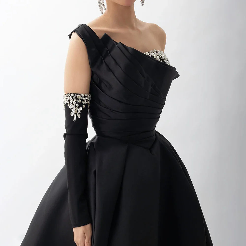 Luxury Black Satin One Shoulder Beaded A-Line Evening Dress LA72741