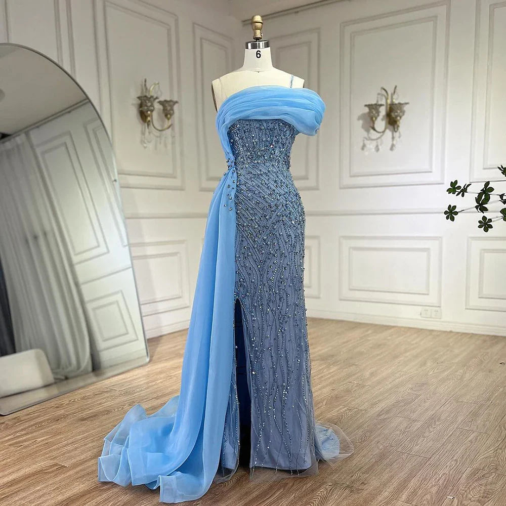 Luxury One Shoulder Blue Evening Dress with Overskirt LA72244A