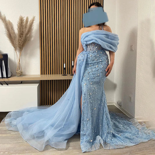 Luxury One Shoulder Blue Evening Dress with Overskirt LA72244A
