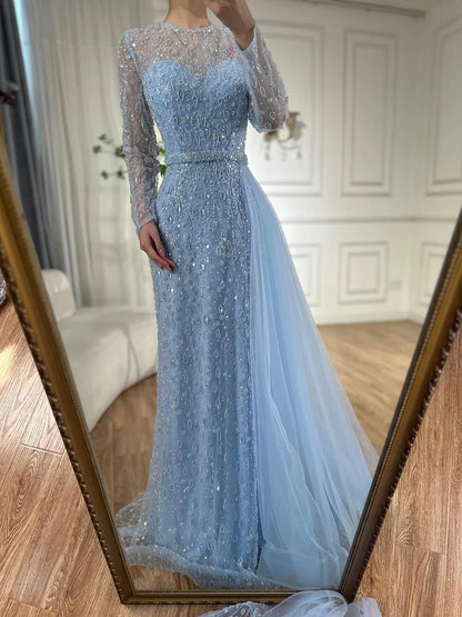Luxury Dubai  Elegant Blue Saudi Arabic Evening Gown with Beaded Side Overskirt Dress for Formal Occasion LA72734