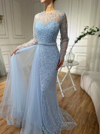 Luxury Dubai  Elegant Blue Saudi Arabic Evening Gown with Beaded Side Overskirt Dress for Formal Occasion LA72734